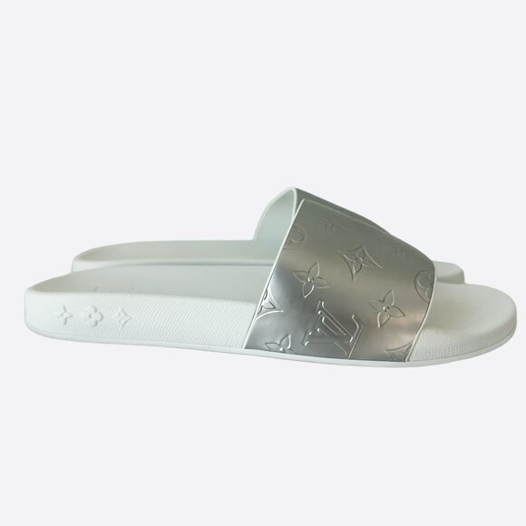 Louis Vuitton White & Silver Monogram Slides - Picture 1 of 6